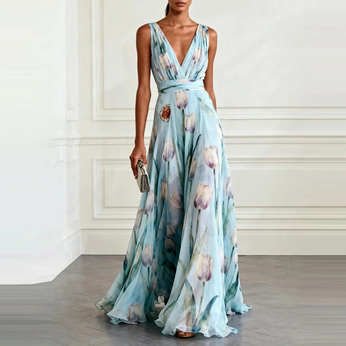 Women's Long Chiffon Dress – V-Neck Sleeveless with Floral Print