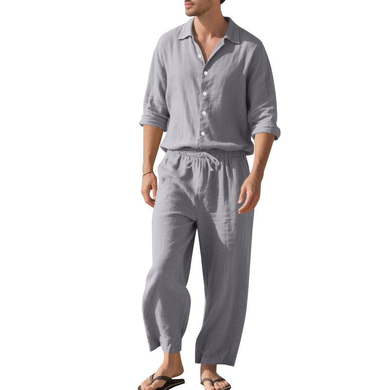 Men's Two-Piece Linen Set – Breathable Shirt and Drawstring Pants