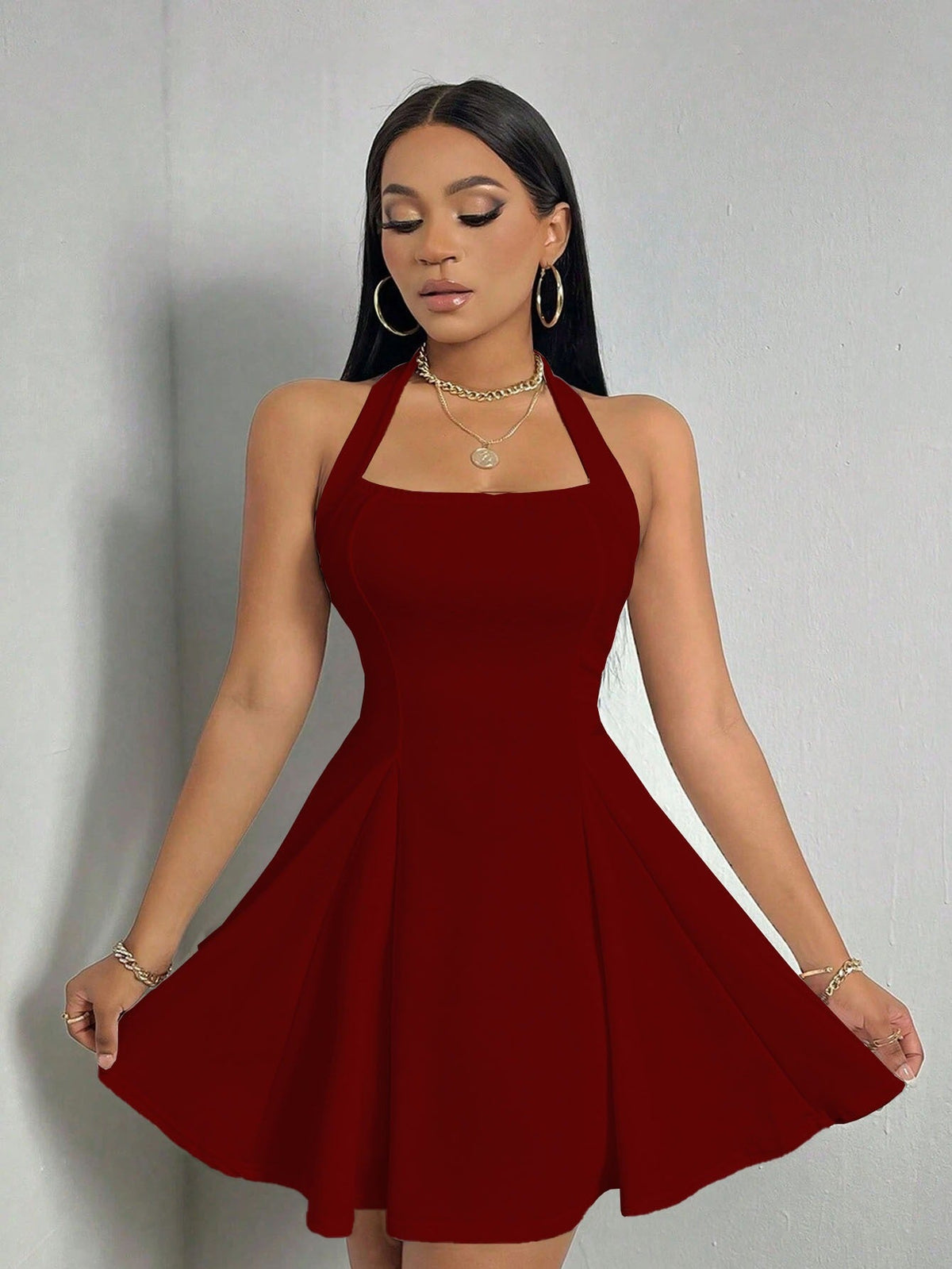Women's Mini Dress with Halter Neck – Backless and Skater Skirt
