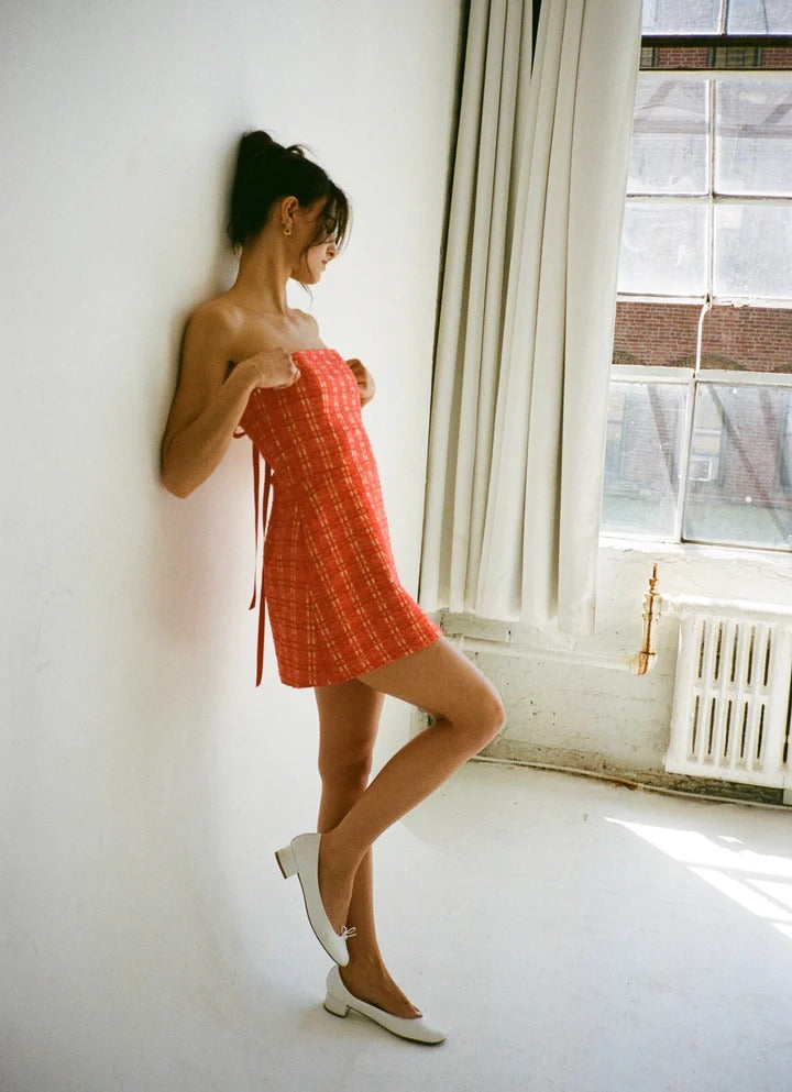 Women's Mini Dress – Backless Bustier, Textured Checkered Fabric