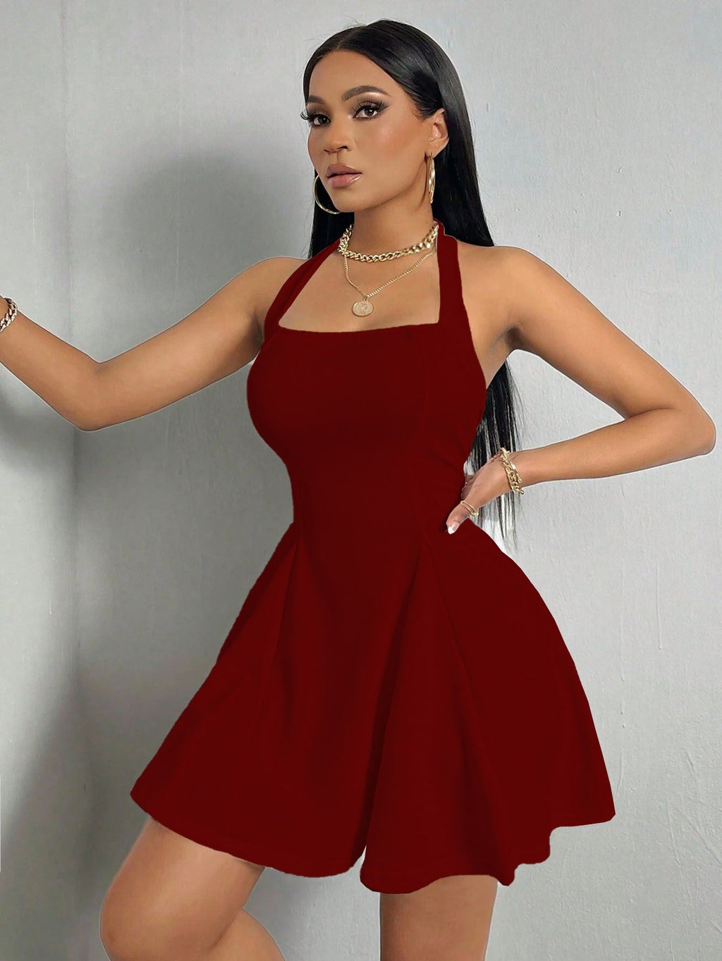 Women's Mini Dress with Halter Neck – Backless and Skater Skirt