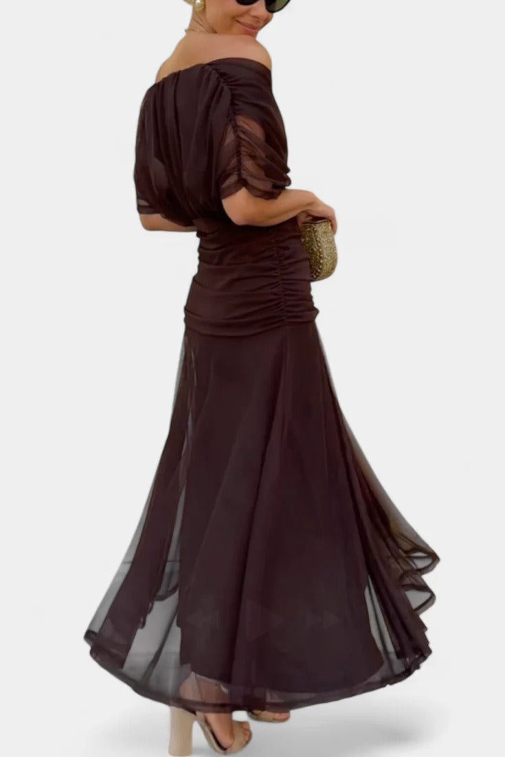 Women's Long Chiffon Dress – V-Neck Printed Short Sleeves