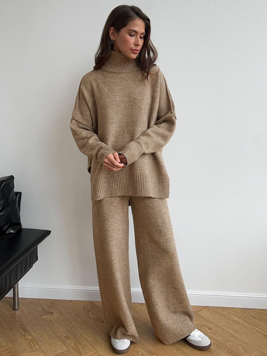 Women's Two-Piece Knitwear Set - Casual Sweater and Wide-Leg Trousers