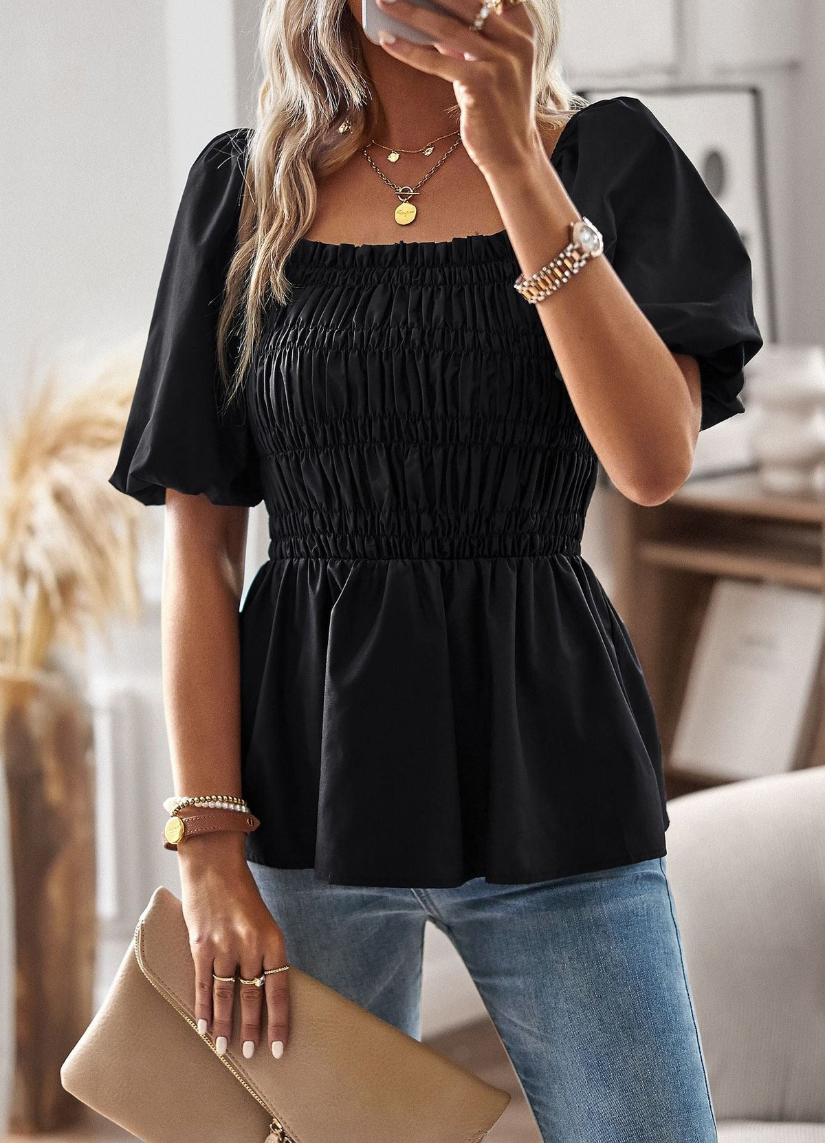 Women's Off-Shoulder Peplum Blouse – Ruffled Sleeves, Fitted Waist