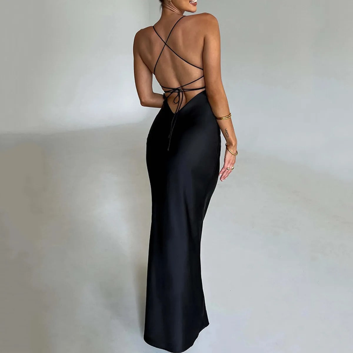 Women's Satin Dress – Backless with Laces