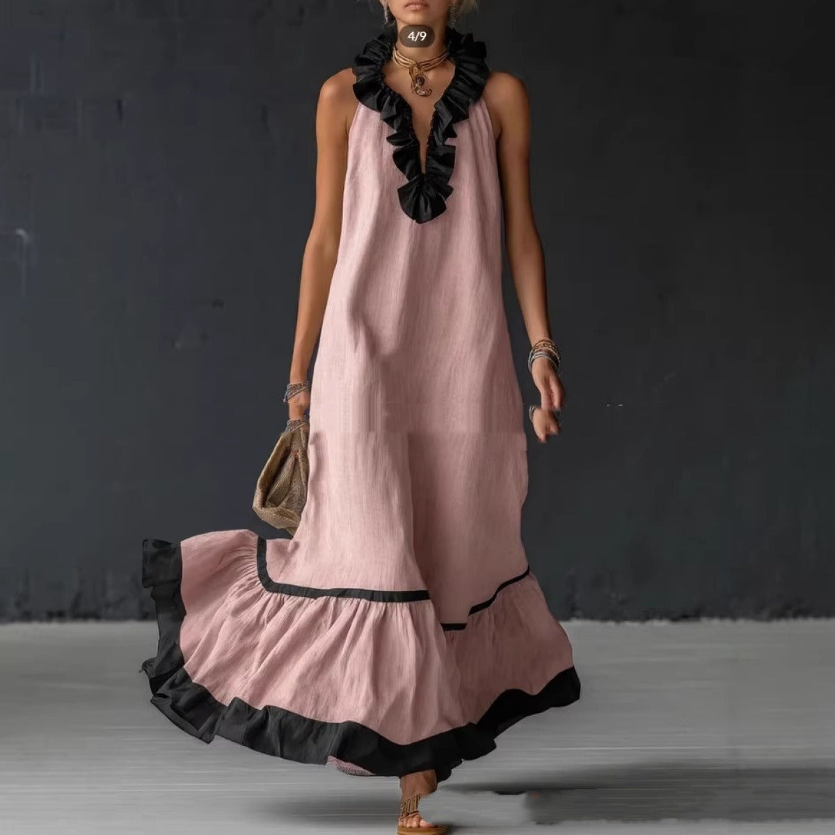 Women's Ruffled Cotton Maxi Dress - Sleeveless A-Line Silhouette