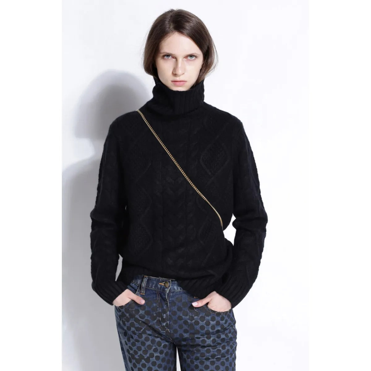 Textured Knitwear Sweater for Women – High Foldover Turtleneck