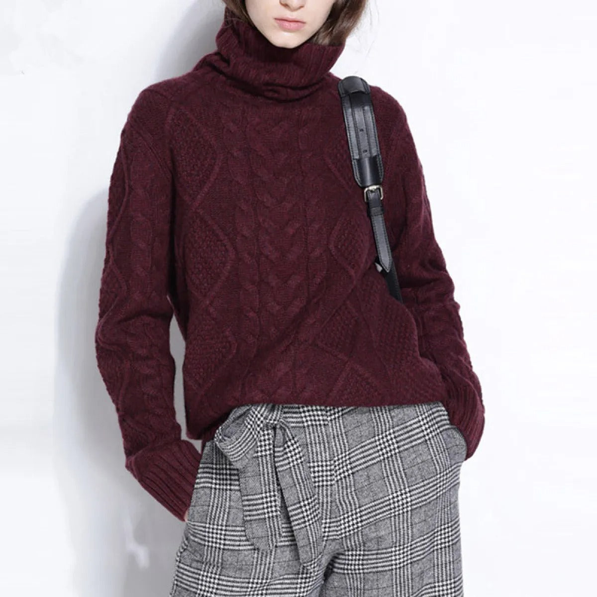 Textured Knitwear Sweater for Women – High Foldover Turtleneck