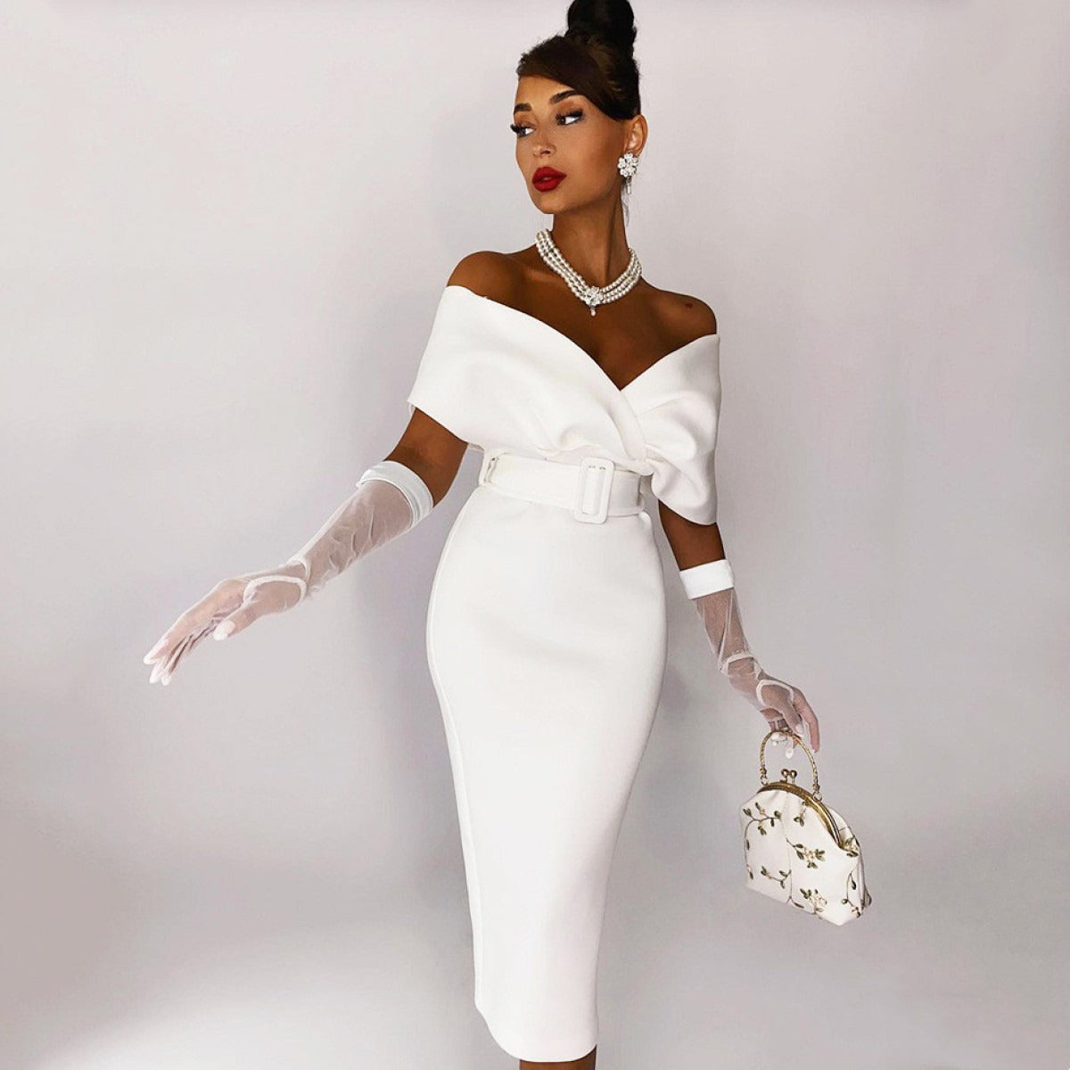 Women’s Off-Shoulder Midi Dress – Belted Structured Bodycon Cut