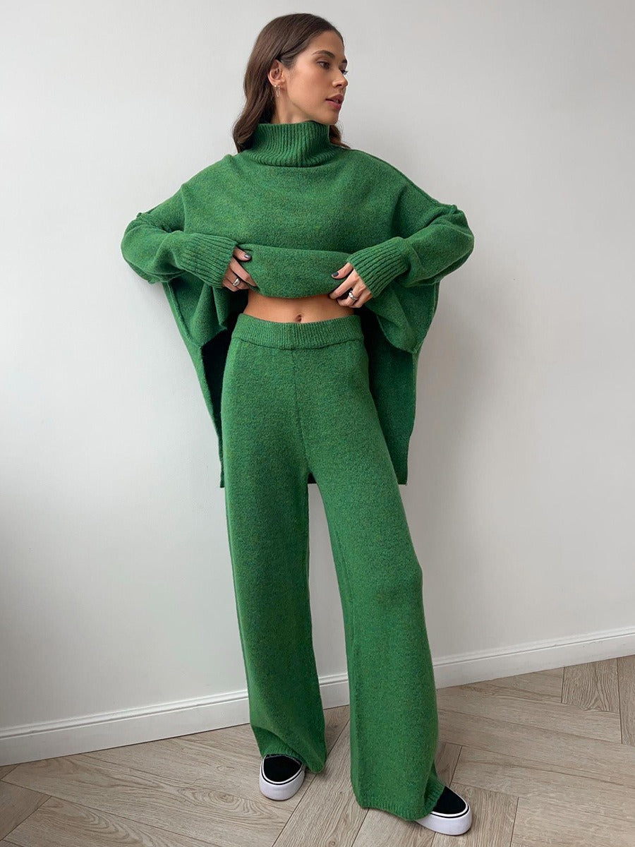 Women's Two-Piece Knitwear Set - Casual Sweater and Wide-Leg Trousers