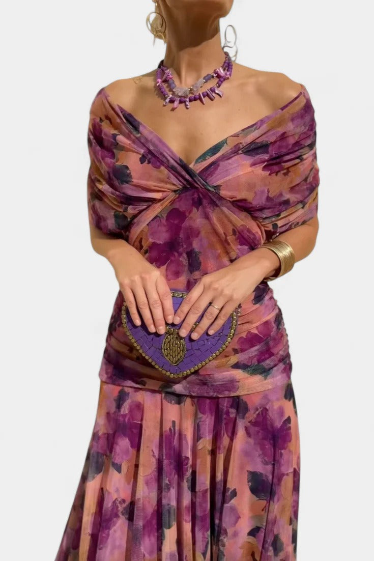 Women's Long Chiffon Dress – V-Neck Printed Short Sleeves