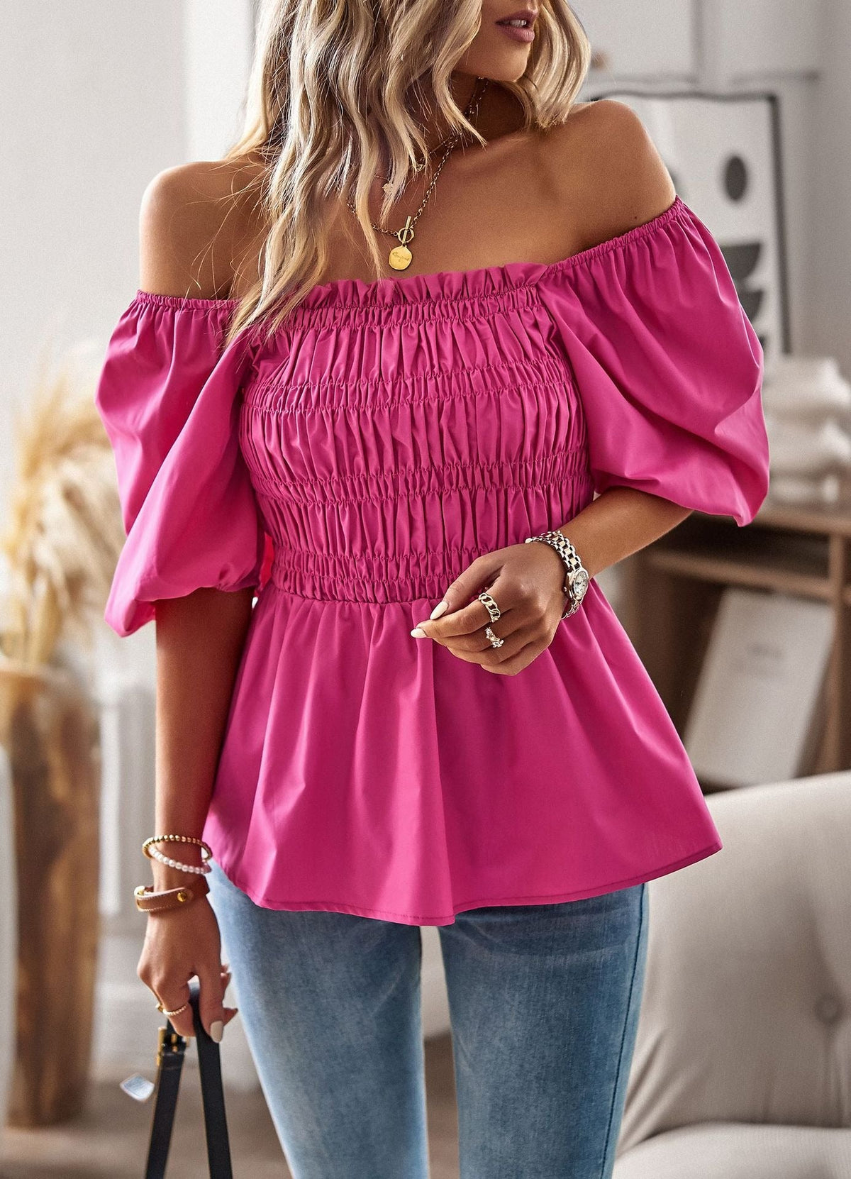 Women's Off-Shoulder Peplum Blouse – Ruffled Sleeves, Fitted Waist