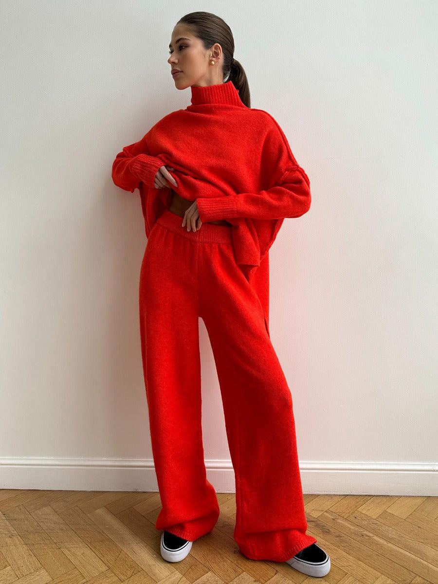 Women's Two-Piece Knitwear Set - Casual Sweater and Wide-Leg Trousers