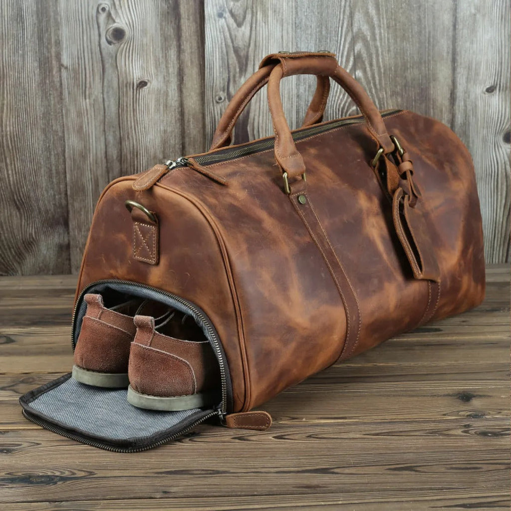 Men's Genuine Leather Travel Bag – Shoe Compartment & Shoulder Strap