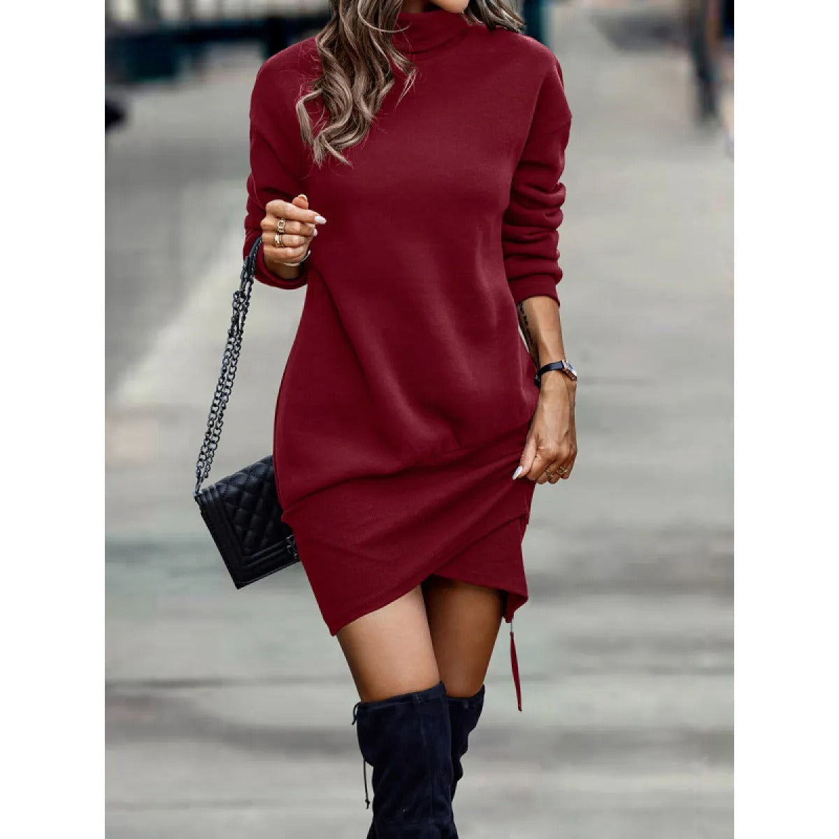 Women's Mini Dress with Stand Collar and Long Sleeves – Asymmetrical Hem
