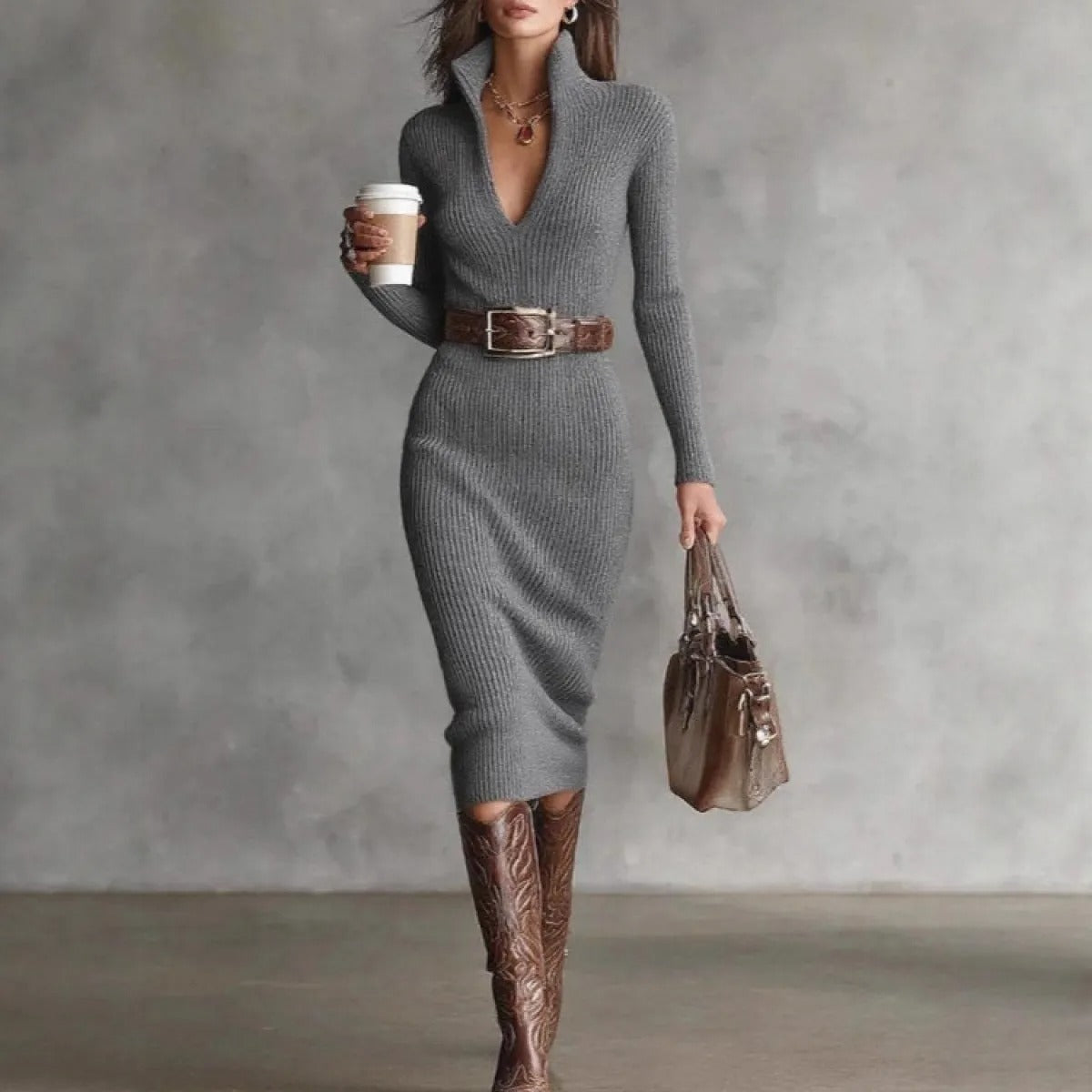 Fitted Midi Dress for Women in Knitwear – Elegant Belted Fit