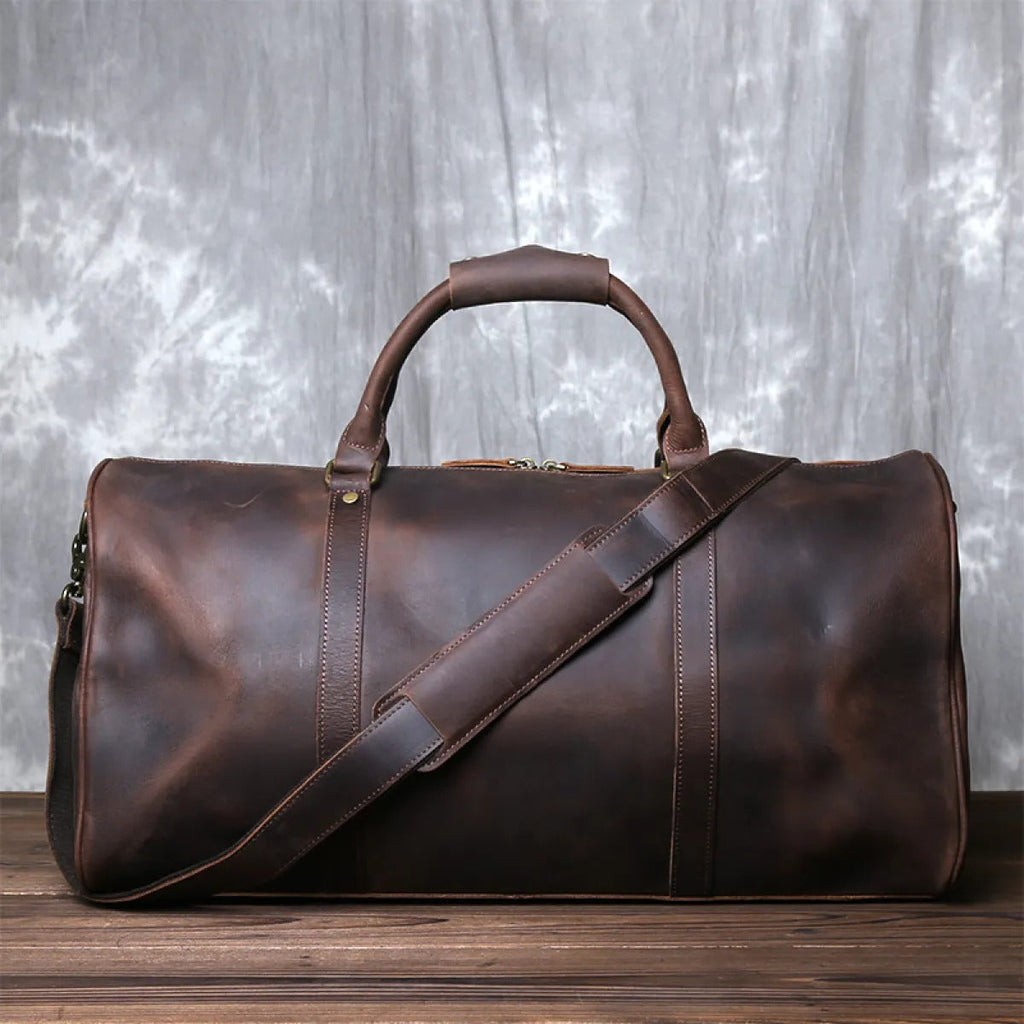 Men's Genuine Leather Travel Bag – Cylindrical Duffle Bag