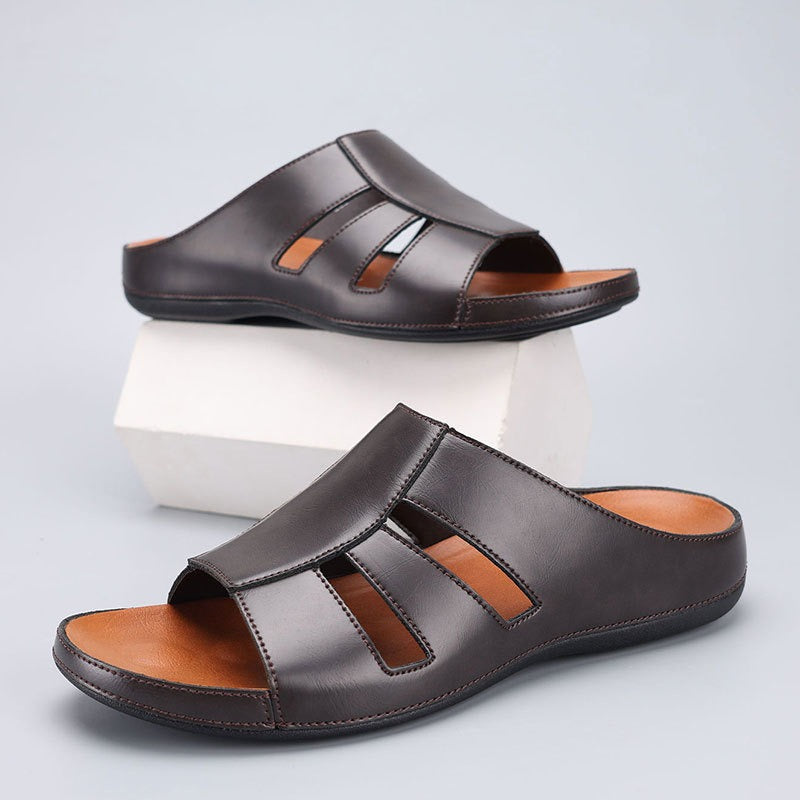 Men’s Open Leather Slides – Padded Casual Comfort Fit