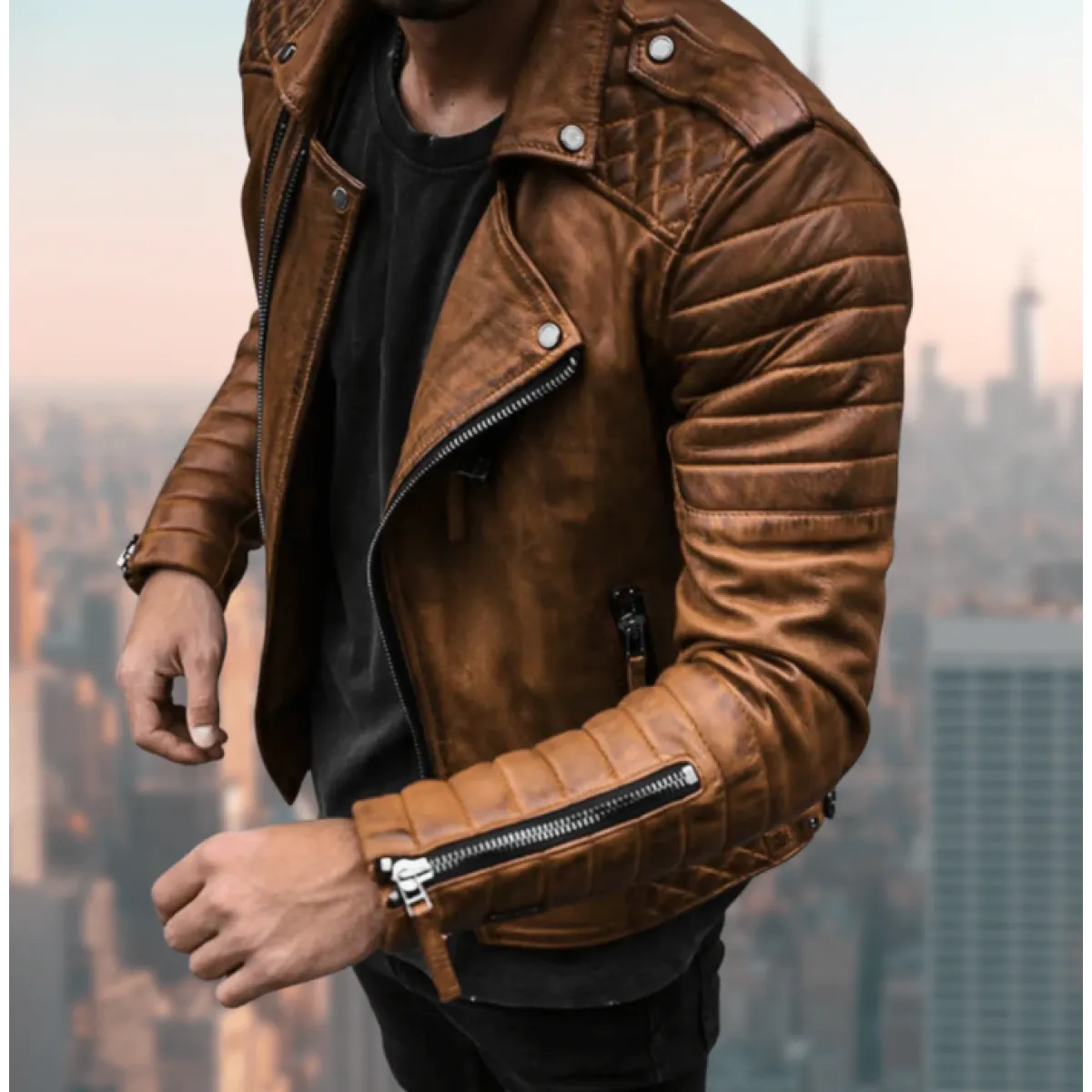 Men's Faux Leather Biker Jacket – Stand Collar, Zip Closure, Relaxed Fit