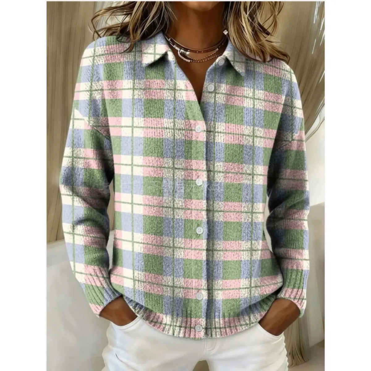 Women's Plaid Cardigan – Lightweight Woven Fabric, Regular Fit