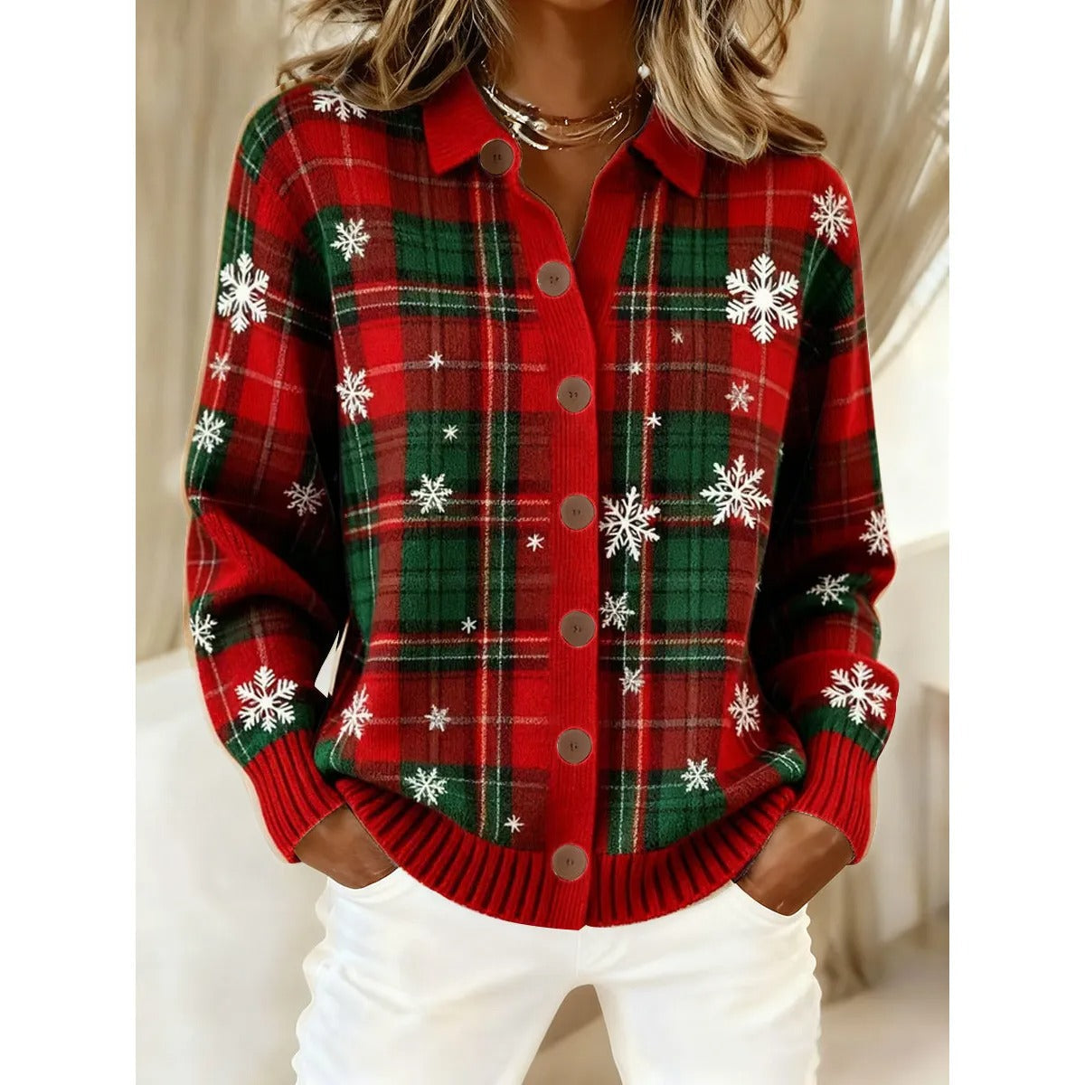 Women's Plaid Cardigan – Lightweight Woven Fabric, Regular Fit
