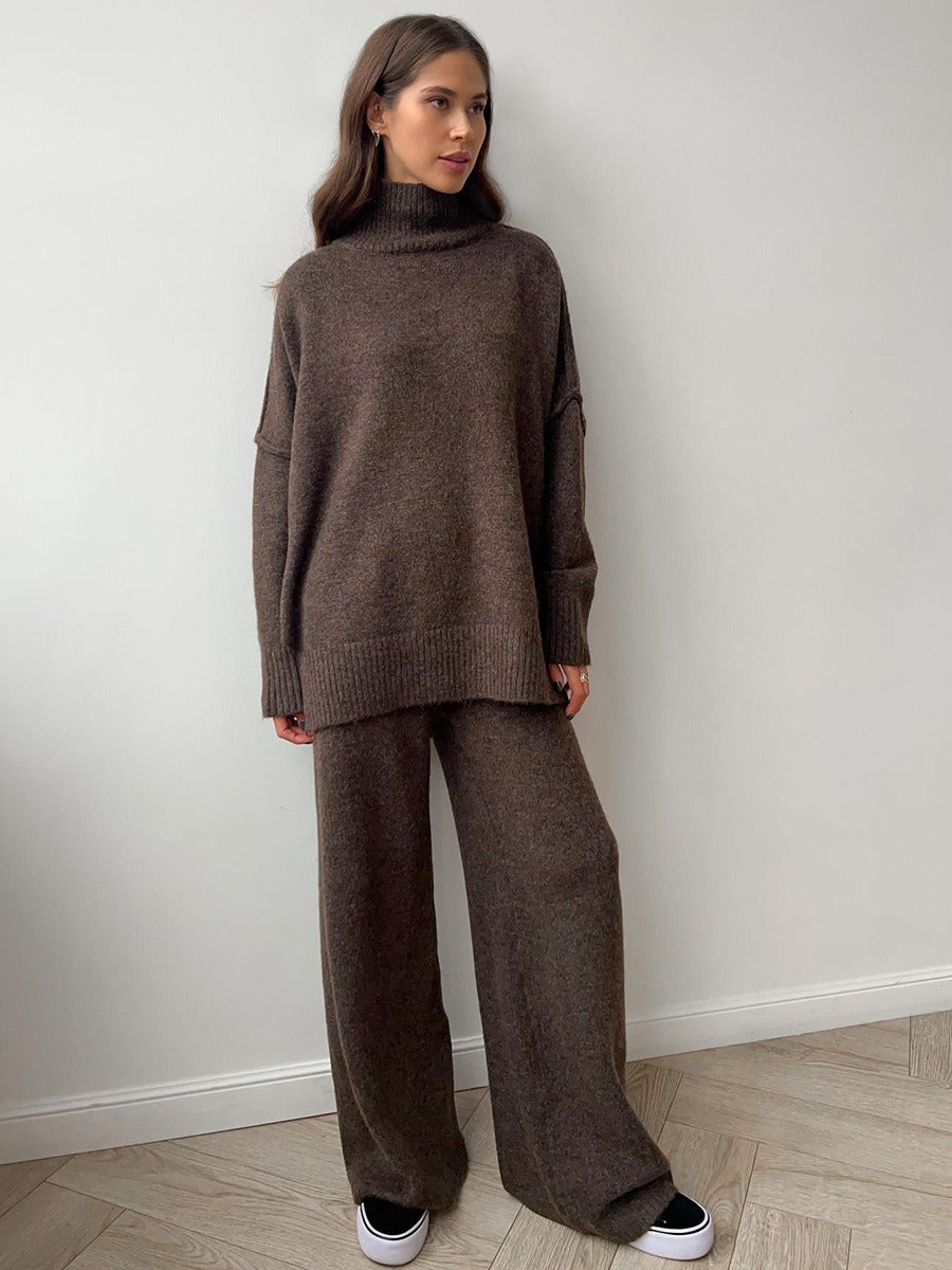 Women's Two-Piece Knitwear Set - Casual Sweater and Wide-Leg Trousers