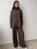 Women's Two-Piece Knitwear Set - Casual Sweater and Wide-Leg Trousers