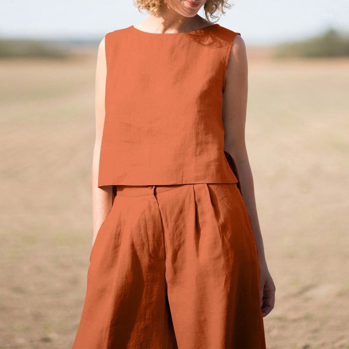 Women's Two-Piece Set in Linen and Cotton – Wide-Leg Pants & Sleeveless Top