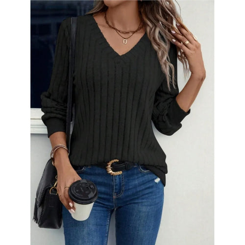 Women's V-Neck Brushed-Effect Top – Long-Sleeved Pullover Style