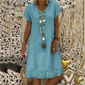 Women's Short Textured V-Neck Dress – A-Line Cut, Short Sleeves