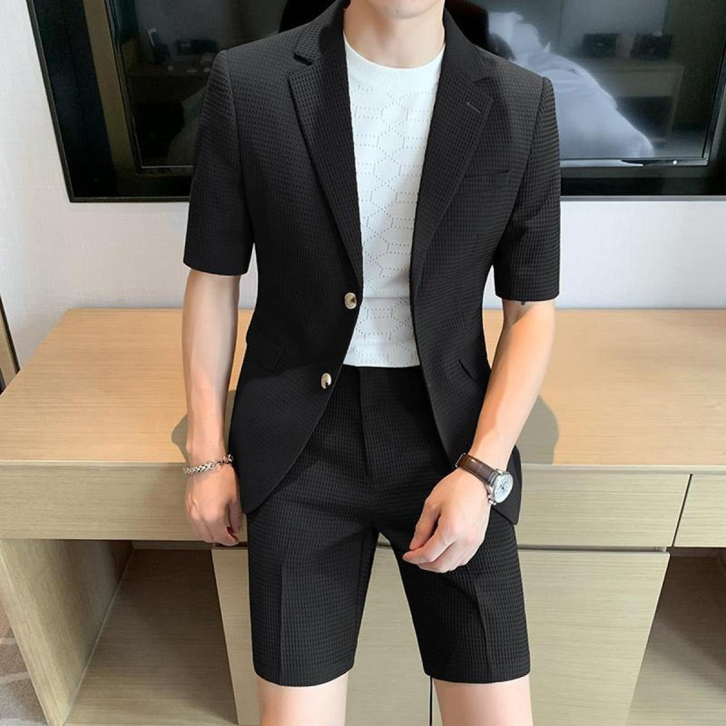 Men’s Textured Short-Sleeve Suit Set – Breathable Slim Fit