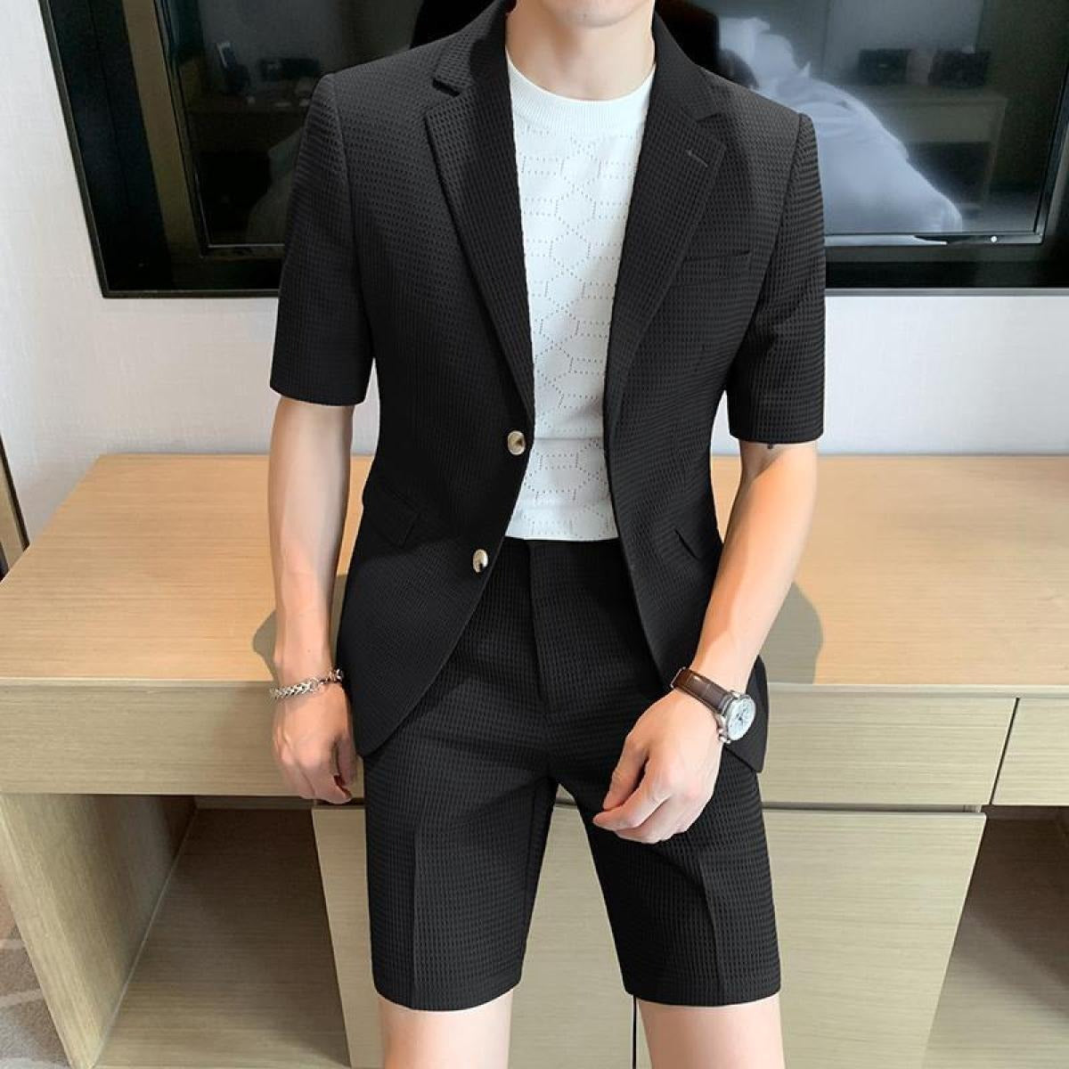 Men’s Textured Short-Sleeve Suit Set – Breathable Slim Fit
