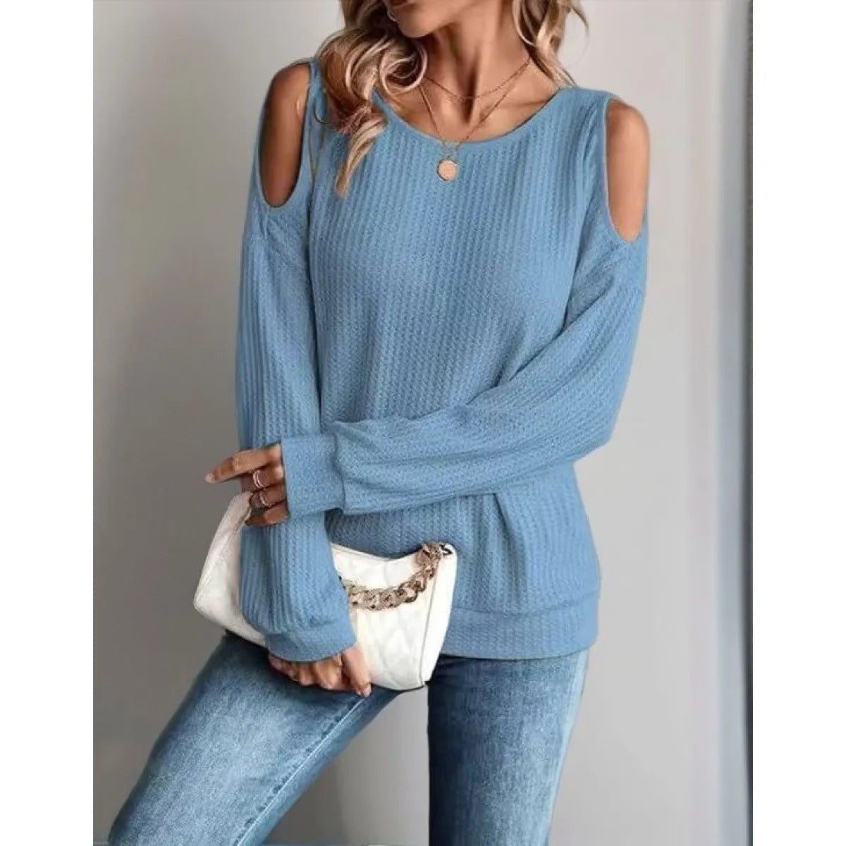 Women's Textured Top with Bare Shoulders – Crew Neck, Long Sleeves