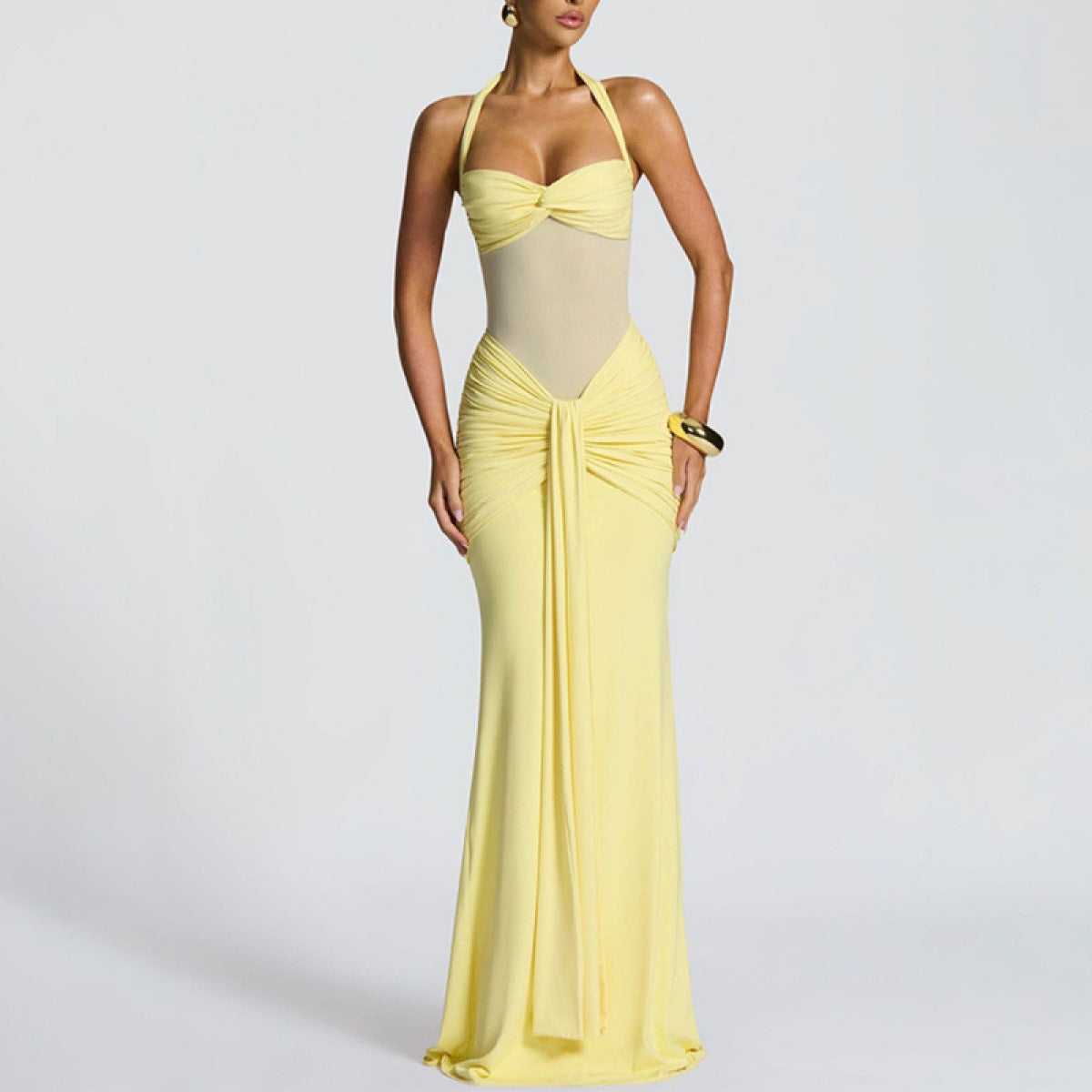 Fitted Long Ruched Dress for Women – Evening Dress with Sheer Panel