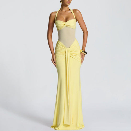 Fitted Long Ruched Dress for Women – Evening Dress with Sheer Panel