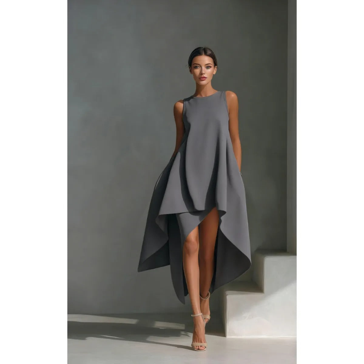 Women's Sleeveless Midi Dress – Asymmetrical Flared Fit