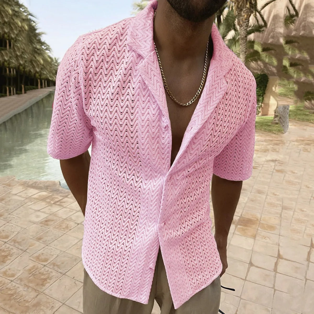 Men's Polo Collar Lace Shirt – Short Sheer Sleeves