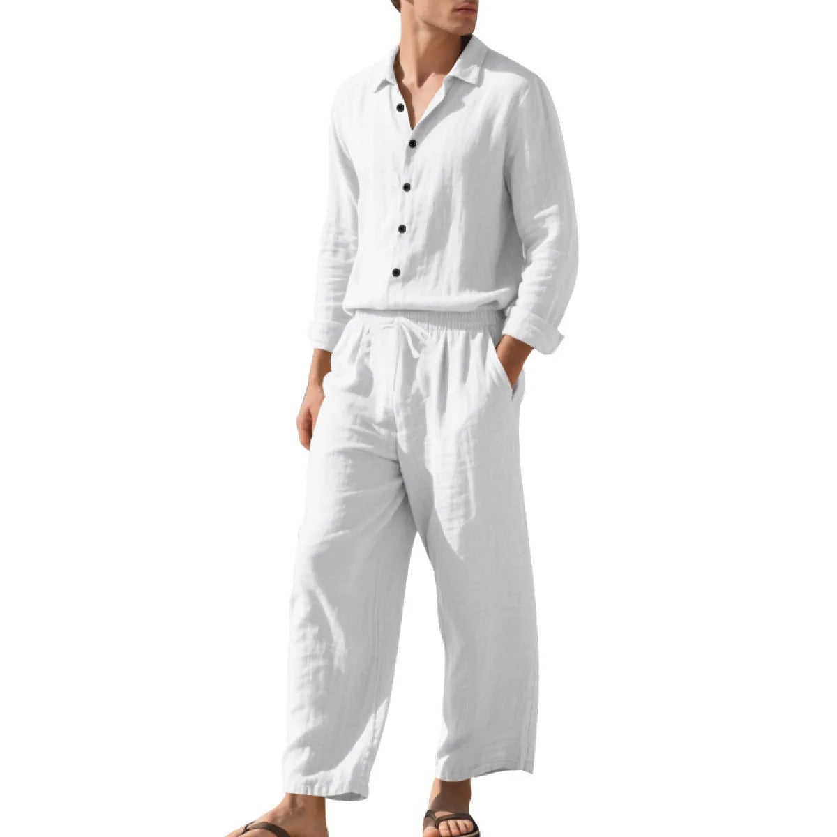 Men's Two-Piece Linen Set – Breathable Shirt and Drawstring Pants