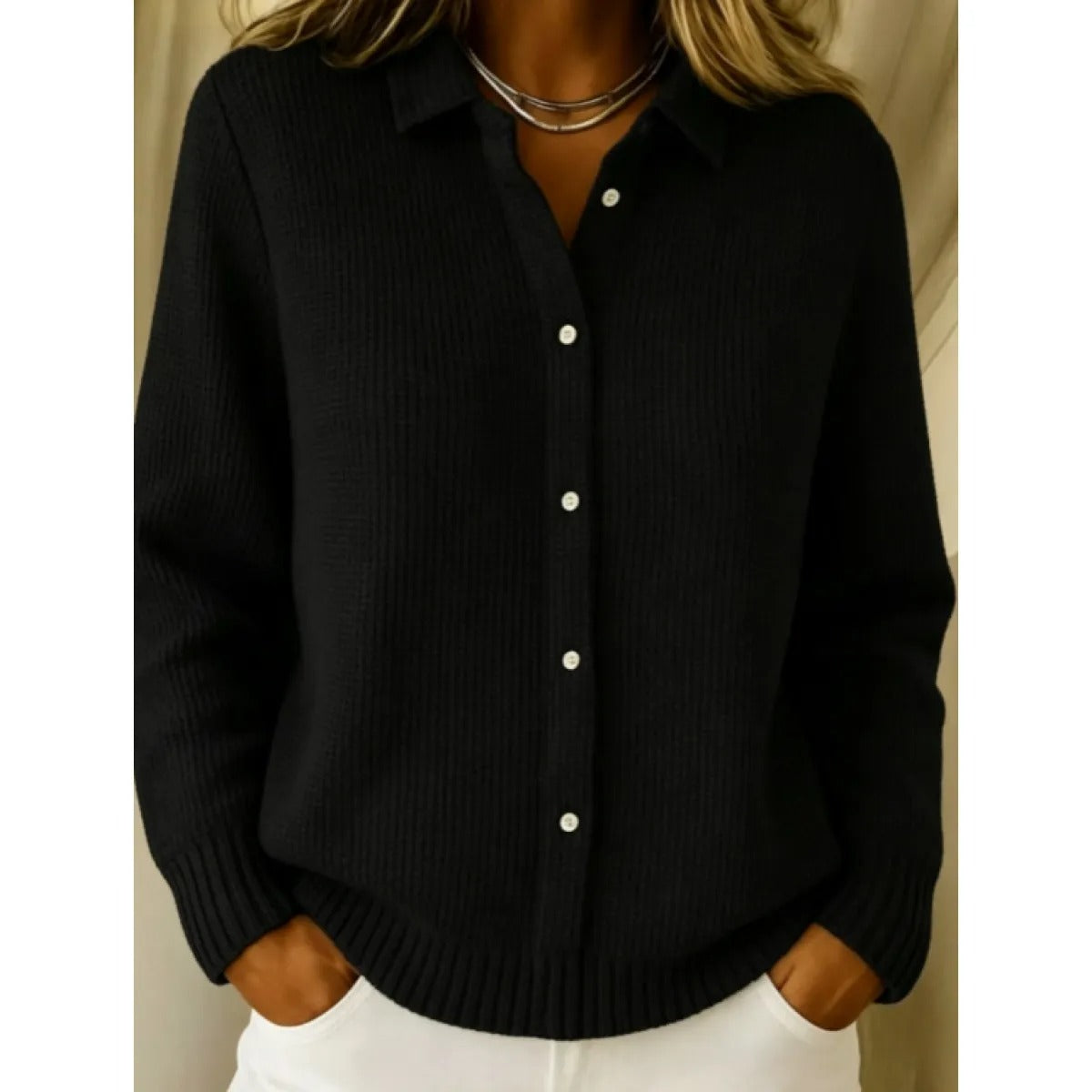 Women's Textured Knit Cardigan – Buttoned Shirt Collar