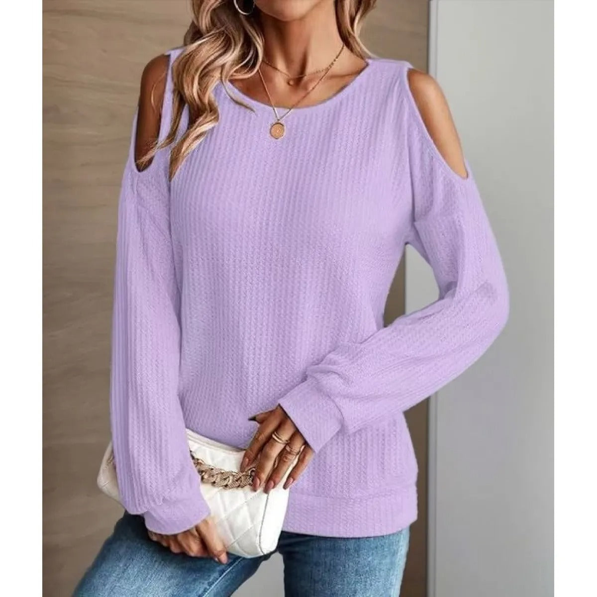 Women's Textured Top with Bare Shoulders – Crew Neck, Long Sleeves