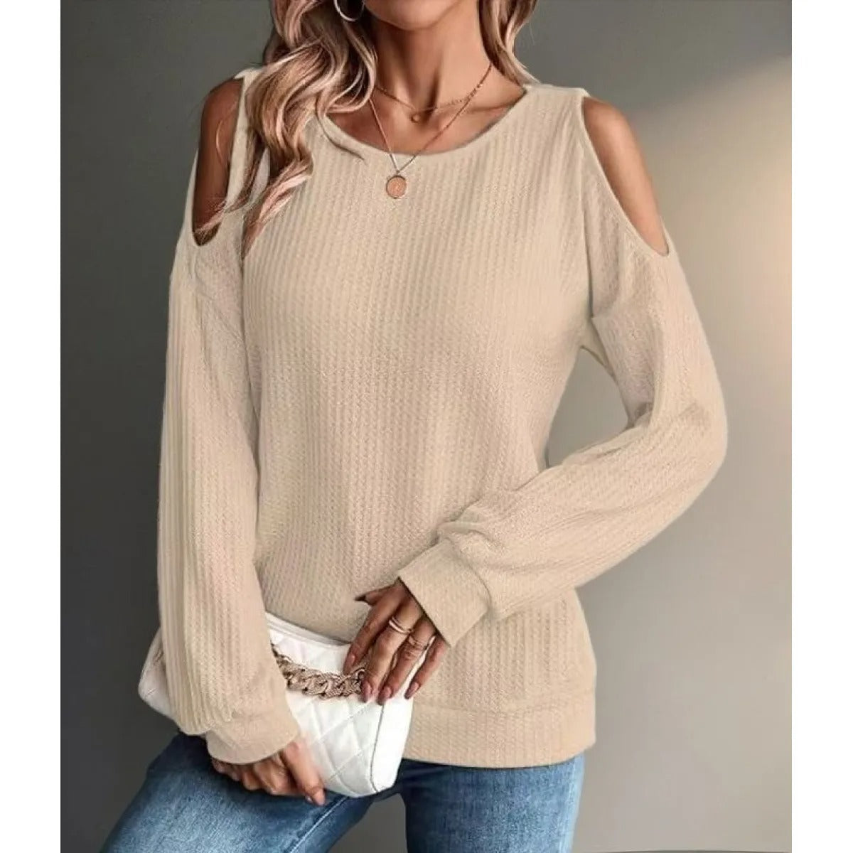 Women's Textured Top with Bare Shoulders – Crew Neck, Long Sleeves