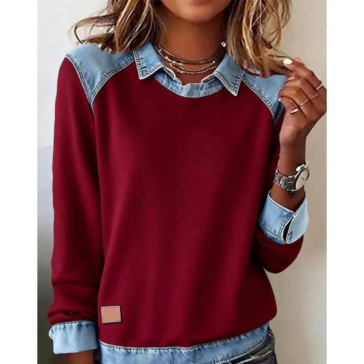 Women's Knit Sweater – Contrasting Denim Shirt Collar