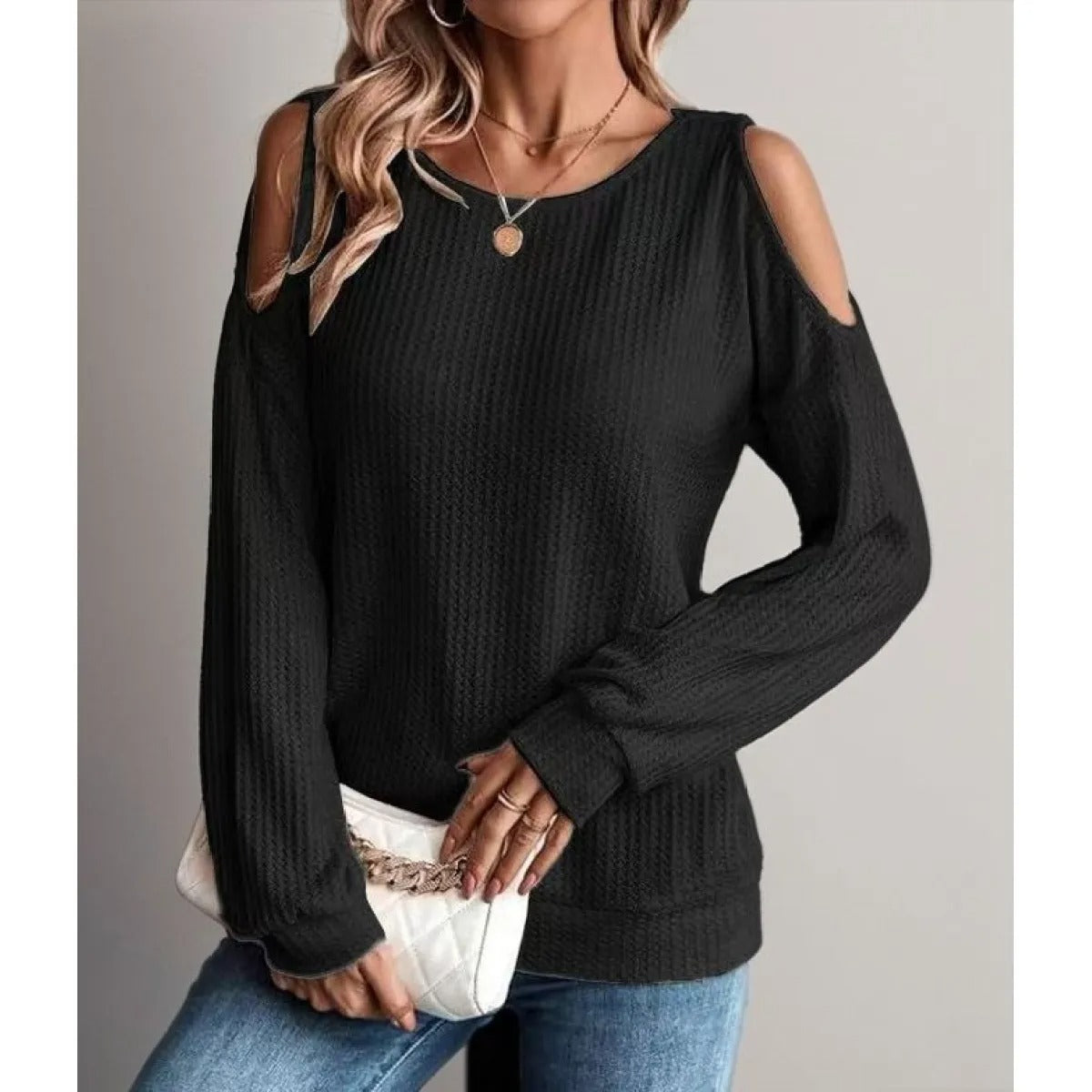 Women's Textured Top with Bare Shoulders – Crew Neck, Long Sleeves