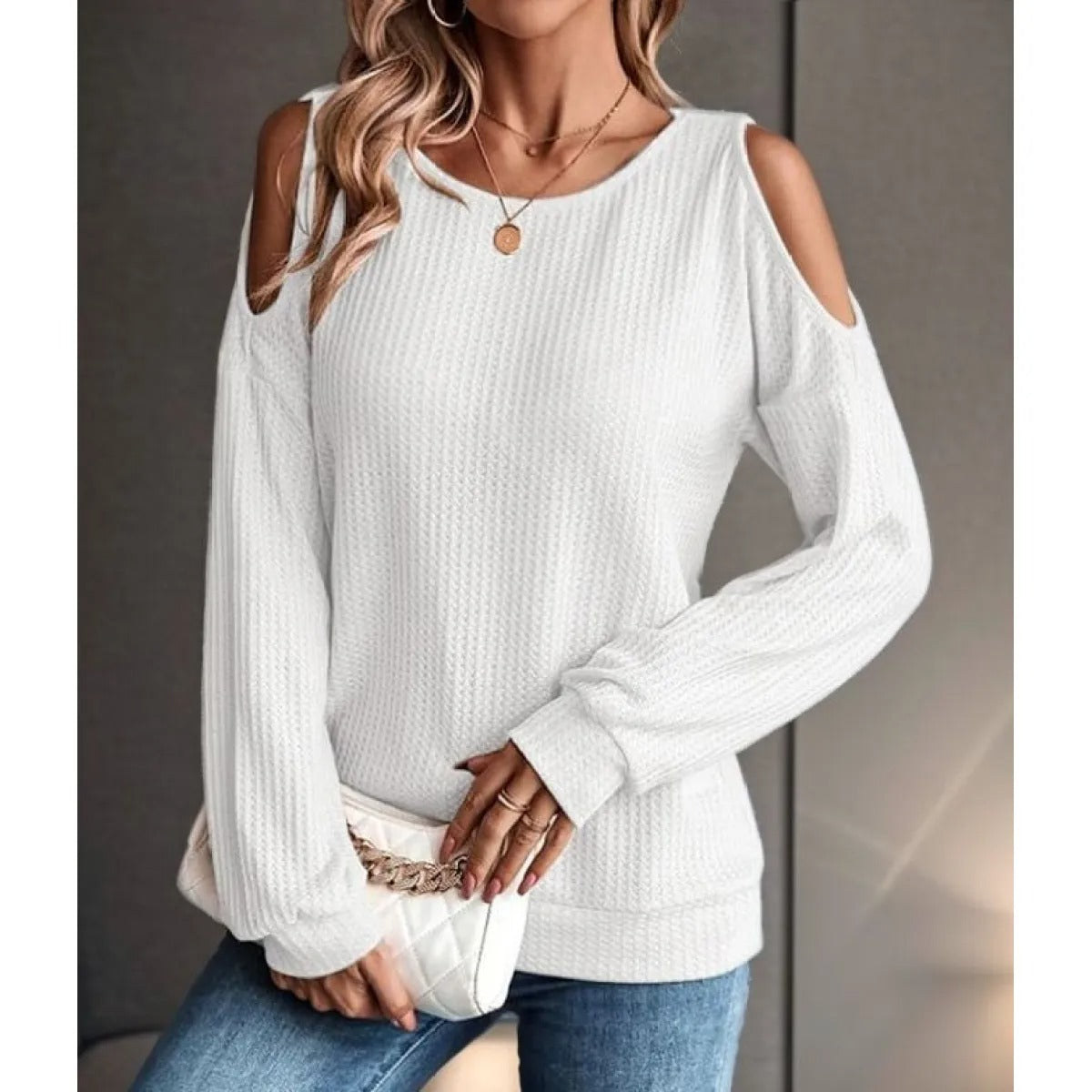 Women's Textured Top with Bare Shoulders – Crew Neck, Long Sleeves