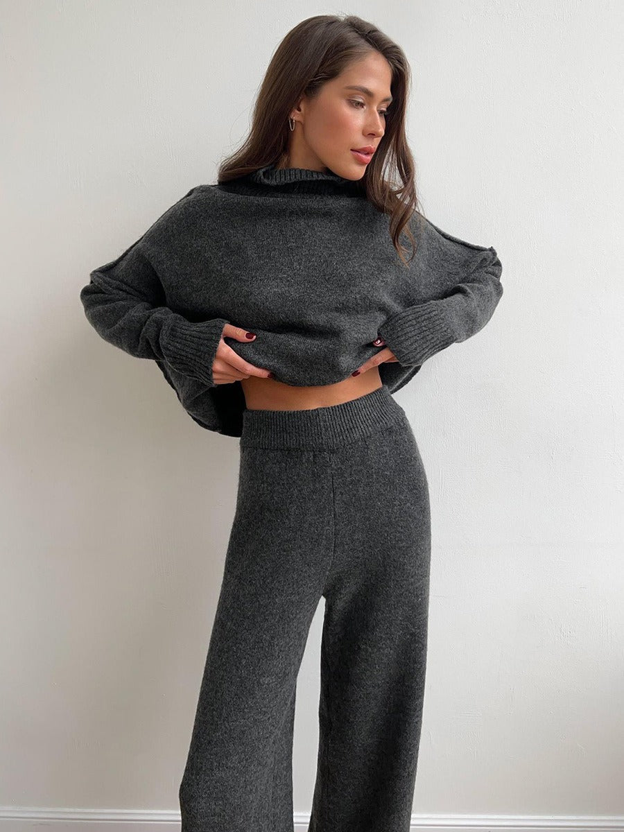 Women's Two-Piece Knitwear Set - Casual Sweater and Wide-Leg Trousers