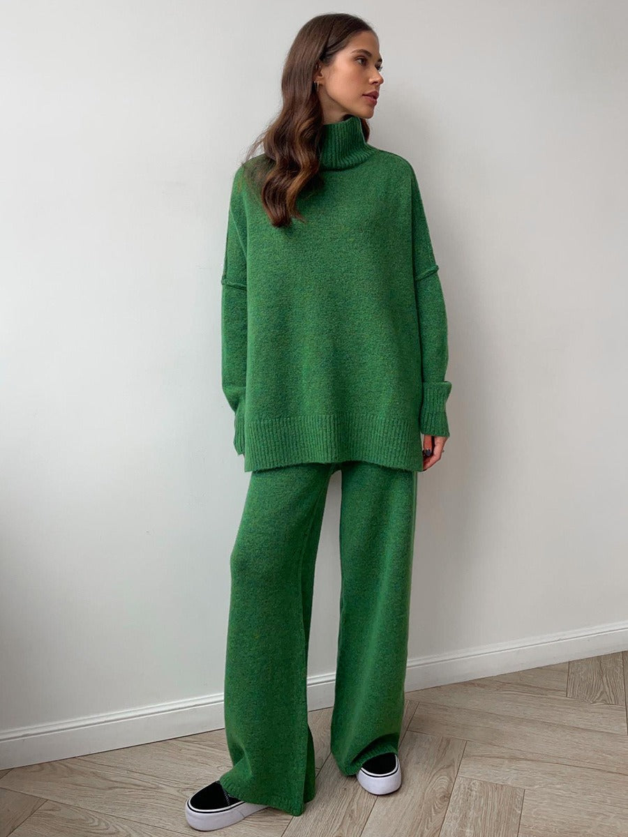 Women's Two-Piece Knitwear Set - Casual Sweater and Wide-Leg Trousers