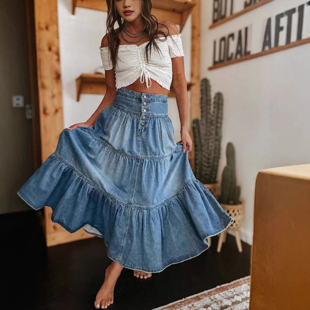Women's Long Skirt – High Waist Flared with Ruffles