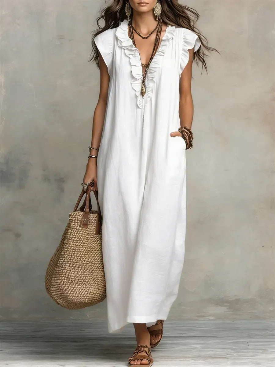 Women's Sleeveless Maxi Dress – Elegant Ruffles and Practical Pockets