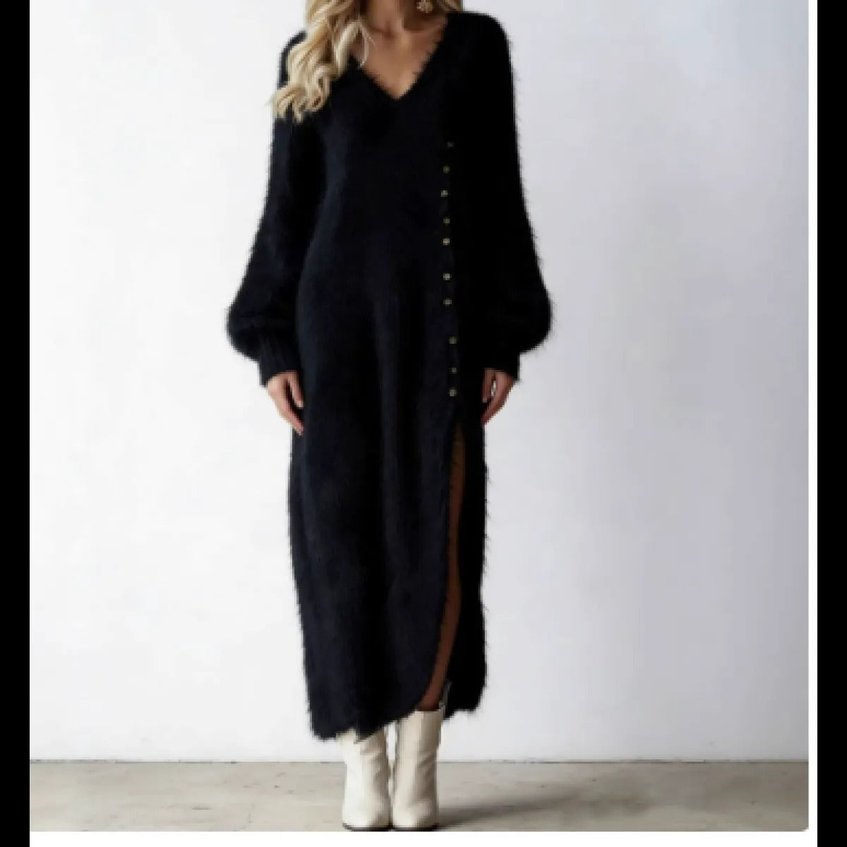Long Knitwear Dress for Women – Buttoned Slit and Elegant V-Neck