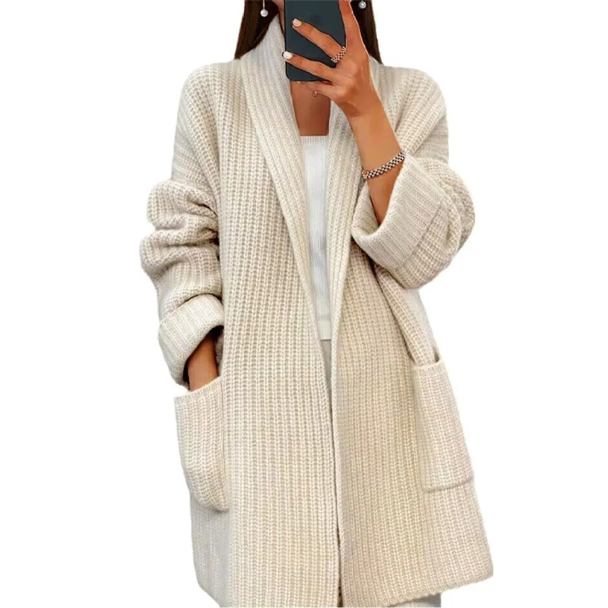 Women's Knit Cardigan – Relaxed Long Cut with Pockets